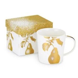 Elegant Gold Pear Motif Mug, Bone China & Real Gold Plating, PPD New In Box